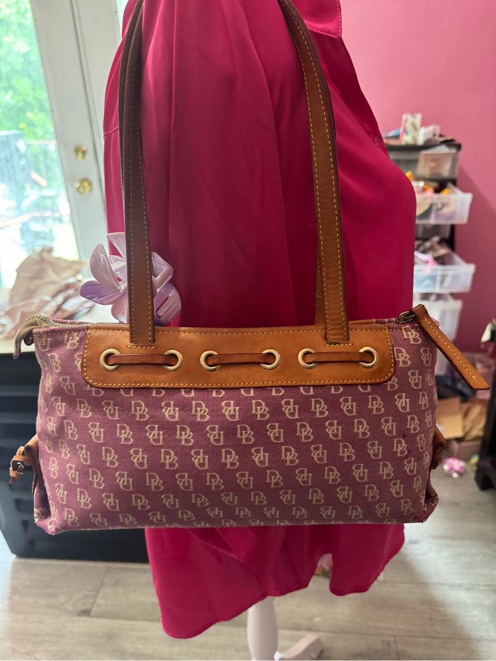 Dooney & Bourke Plum Monogram Shoulder Bag with Tan Trim - Picture 3 of 6